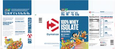 Photo of the Dymatize 100% Whey Isolate Fruity Pebbles label