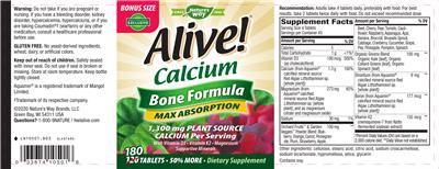 Photo of the Nature's Way Alive! Calcium Bone Formula label