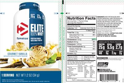 Photo of the Dymatize Elite 100% Whey Gourmet Vanilla label