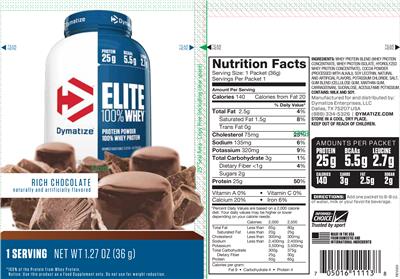 Photo of the Dymatize Elite 100% Whey Rich Chocolate label