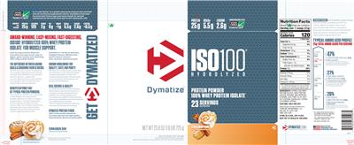 Photo of the Dymatize ISO100 Hydrolyzed Cinnamon Bun label