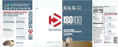 Photo of the Dymatize ISO100 Hydrolyzed Cookies & Cream label