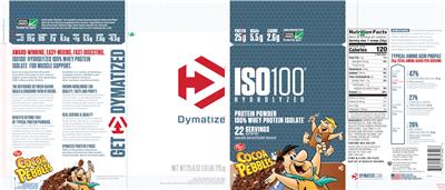 Photo of the Dymatize ISO100 Hydrolyzed Cocoa Pebbles label