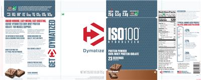 Photo of the Dymatize ISO100 Hydrolyzed Fudge Brownie label