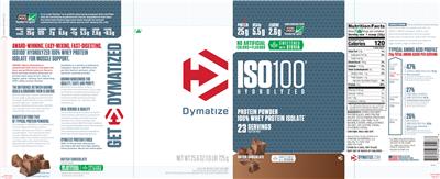 Photo of the Dymatize ISO100 Hydrolyzed Dutch Chocolate label