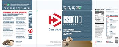 Photo of the Dymatize ISO100 Hydrolyzed Cookies & Cream label
