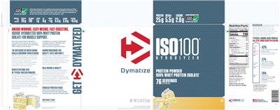 Photo of the Dymatize ISO100 Hydrolyzed Birthday Cake label
