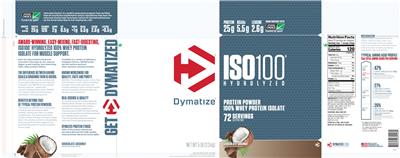 Photo of the Dymatize ISO100 Hydrolyzed Chocolate Coconut label