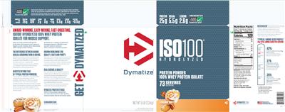 Photo of the Dymatize ISO100 Hydrolyzed Cinnamon Bun label