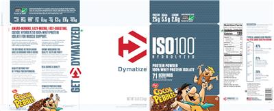 Photo of the Dymatize ISO100 Hydrolyzed Cocoa Pebbles label