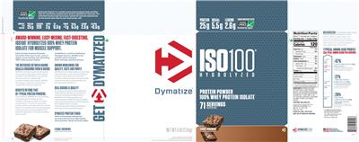 Photo of the Dymatize ISO100 Hydrolyzed Fudge Brownie label