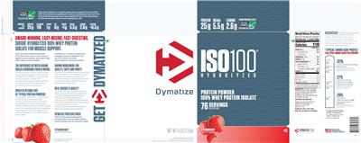 Photo of the Dymatize ISO100 Hydrolyzed Strawberry label