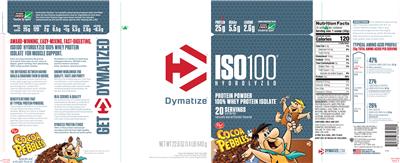 Photo of the Dymatize ISO100 Hydrolyzed Cocoa Pebbles label