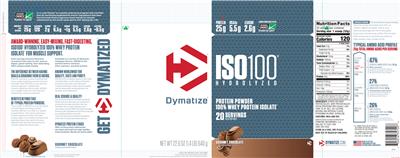 Photo of the Dymatize ISO100 Hydrolyzed Gourmet Chocolate label