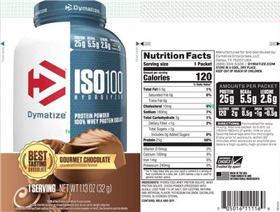 Photo of the Dymatize ISO100 Hydrolyzed Gourmet Chocolate label