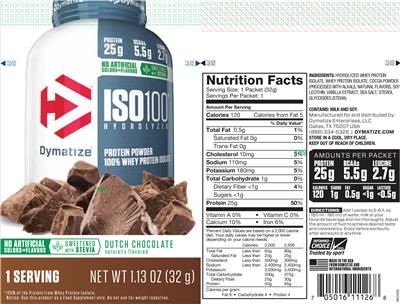 Photo of the Dymatize ISO100 Hydrolyzed Dutch Chocolate label