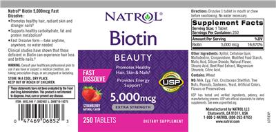 Photo of the Natrol Biotin 5,000 mcg Fast Dissolve Strawberry Natural Flavor label