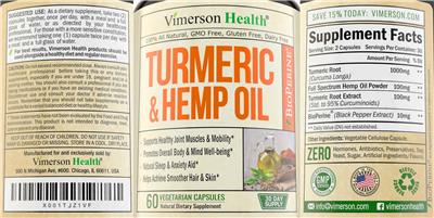 Photo of the Vimerson Health Turmeric & Hemp Oil label