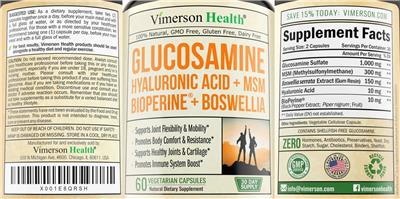 Photo of the Vimerson Health Glucosamine Hyaluronic Acid+MSM+Bioperine+Boswellia label
