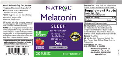 Photo of the Natrol Melatonin 5 mg Fast Dissolve Strawberry Natural Flavor label