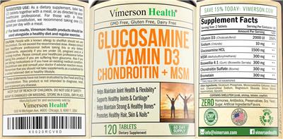 Photo of the Vimerson Health Glucosamine Vitamin D3 Chondroitin+MSM label