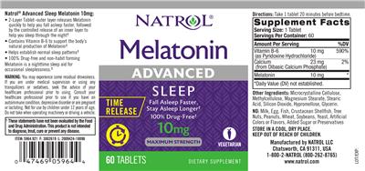 Photo of the Natrol Melatonin Advanced 10 mg Time Release label