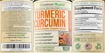 Product label for Turmeric Curcumin
