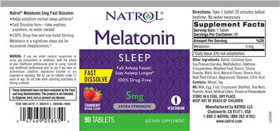 Photo of the Natrol Melatonin 5 mg Fast Dissolve Strawberry Natural Flavor label