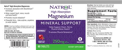Photo of the Natrol High Absorption Magnesium 250 mg Cranberry Apple Natural Flavor label