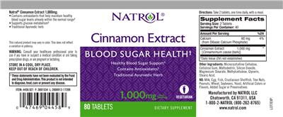 Photo of the Natrol Cinnamon Extract 1,000 mg label