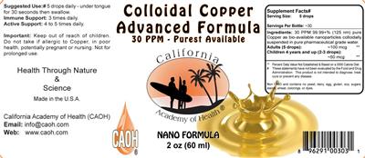 Photo of the California Academy of Health Colloidal Copper 30 PPM Advanced Formula label