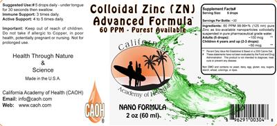 Photo of the California Academy of Health Colloidal Zinc (ZN) 60 PPM Advanced Formula label