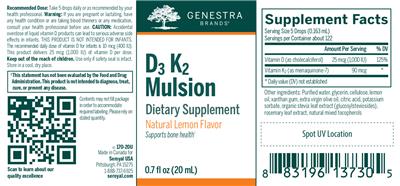 Photo of the Genestra Brands D3 K2 Mulsion Natural Lemon Flavor label
