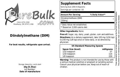 Photo of the PureBulk.com Diindolylmethane (DIM) label