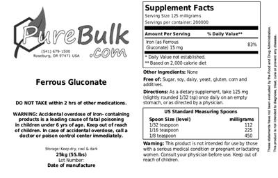 Photo of the PureBulk.com Ferrous Gluconate label