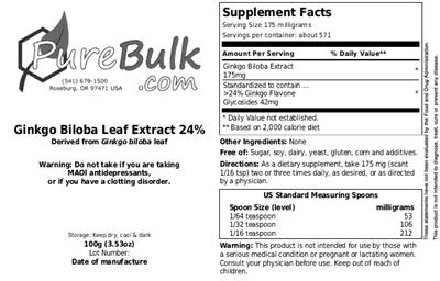 Photo of the PureBulk.com Ginkgo Biloba Leaf Extract 24% label