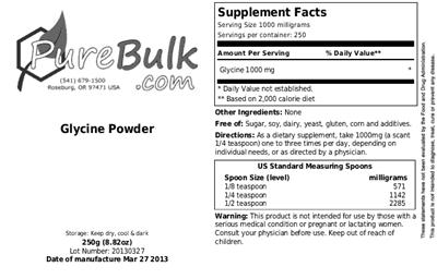 Photo of the PureBulk.com Glycine Powder label