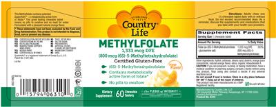 Photo of the Country Life Methylfolate 1,333 mcg DFE (800 mcg (6S)-5-Methyltetrahydrofolate) Orange Flavor label