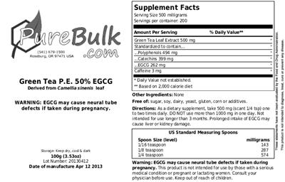 Photo of the PureBulk.com Green Tea P.E. 50% EGCG label