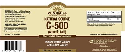Photo of the Windmill Natural Vitamins Natural Source C-500 (Ascorbic Acid) label