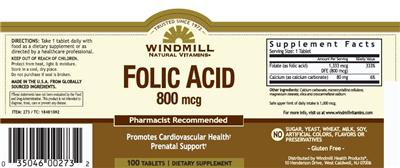 Photo of the Windmill Natural Vitamins Folic Acid 800 mcg label