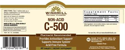 Photo of the Windmill Natural Vitamins Non-Acid C-500 label