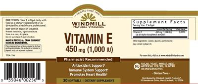 Photo of the Windmill Natural Vitamins Vitamin E 450 mg (1,000 IU) label