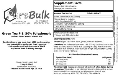 Photo of the PureBulk.com Green Tea P.E. 50% Polyphenols label
