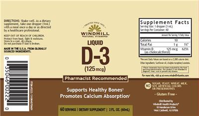 Photo of the Windmill Natural Vitamins Liquid D-3 (125 mcg) label
