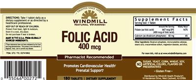 Photo of the Windmill Natural Vitamins Folic Acid 400 mcg label