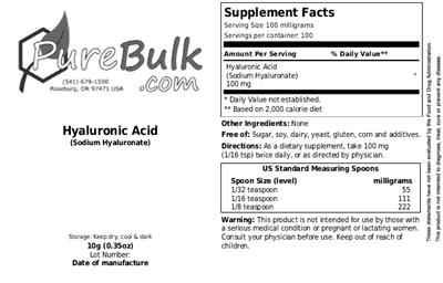 Photo of the PureBulk.com Hyaluronic Acid (Sodium Hyaluronate) label