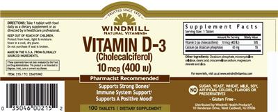 Photo of the Windmill Natural Vitamins Vitamin D-3 (Cholecalciferol) 400 IU label