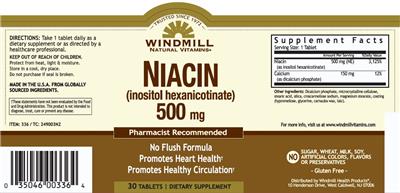 Photo of the Windmill Natural Vitamins Niacin (Inositol Hexanicotinate) 500 mg label