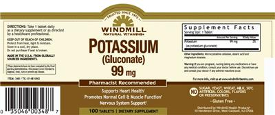 Photo of the Windmill Natural Vitamins Potassium (Gluconate) 99 mg label